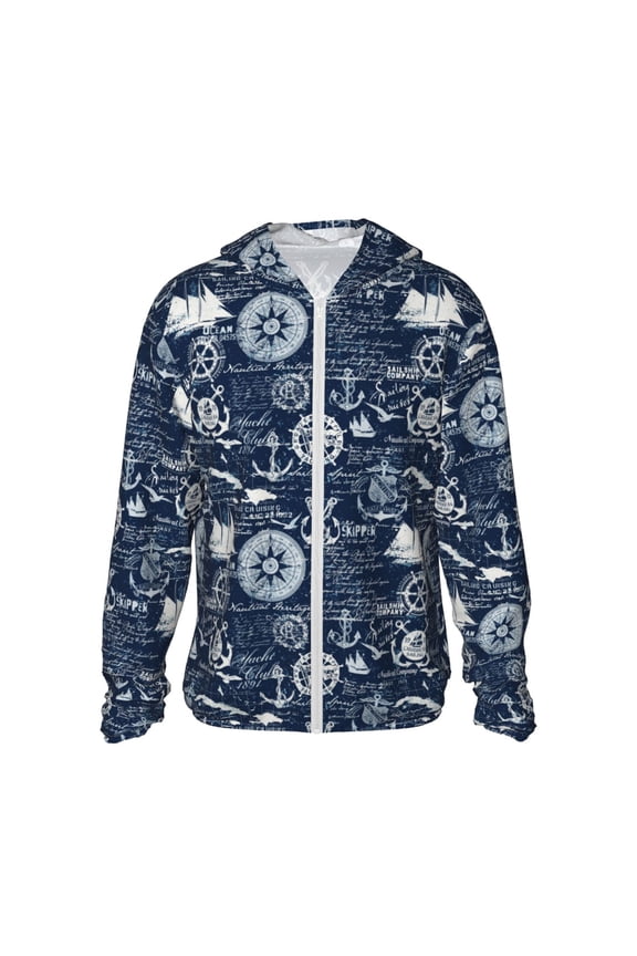 Sailing Cruises Nautical Print Men's Women Light Jacket Full Zip Sun Protection Hoodie Long Sleeve Sun Shirts for Men Hiking Fishing Zip Pockets-3X-Large
