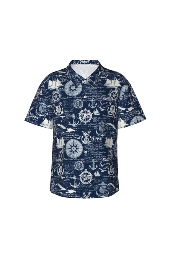 Sailing Cruises Nautical Print Mens Hawaiian Shirts,Loose-Fit Short Sleeve Button Down Tropical Aloha Beach Shirt,Summer Vacation Wedding Tops,