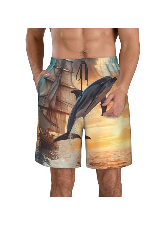Sailing Dancing Dolphin Print Mens Swim Trunks Quick Dry Board Shorts,Breathable Hawaii Beach Shorts Swimwear Bathing Suits-Large