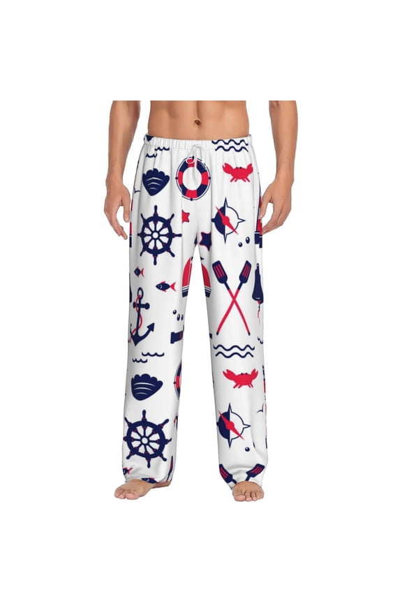 Sailing Marine Travel Print Pajama Pants for Men,Men’s Pajama Bottoms,Mens PJ Pants with Pockets & Button Fly-Large