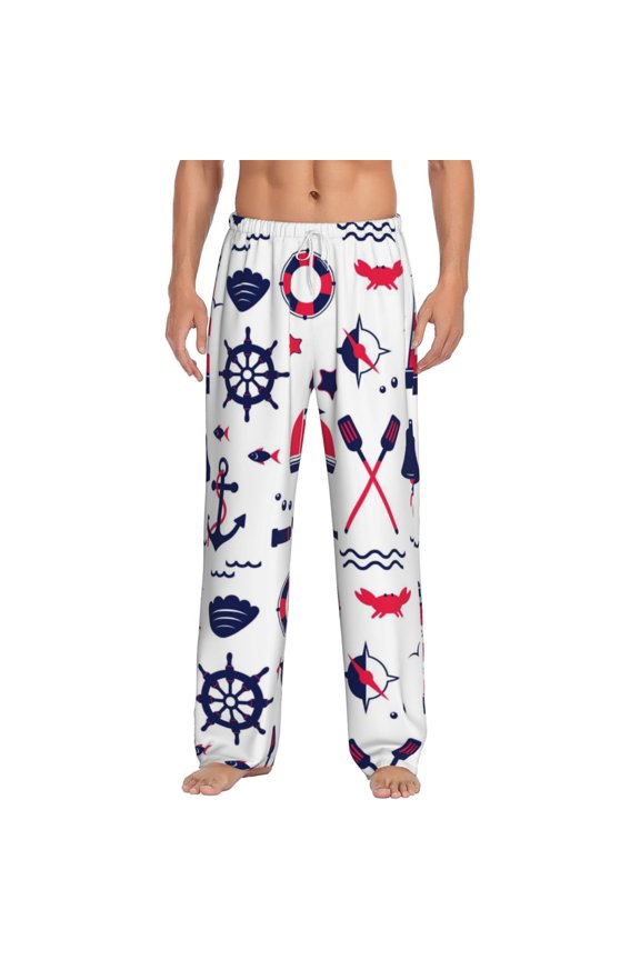 Sailing Marine Travel Print Pajama Pants for Men,Men’s Pajama Bottoms,Mens PJ Pants with Pockets & Button Fly-X-Large