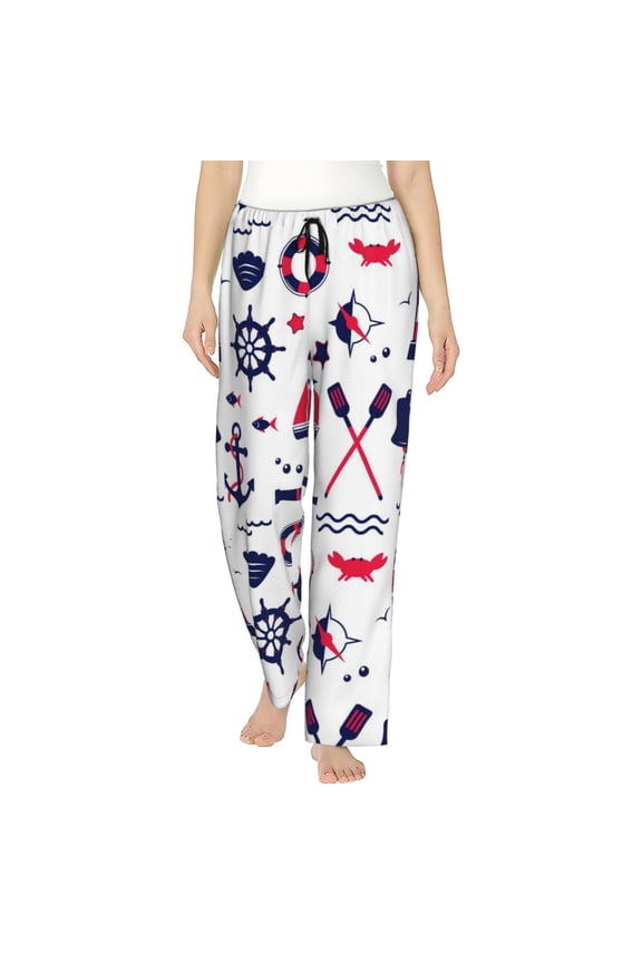 Sailing Marine Travel Print Women Pajama Pants,Comfy Pj Bottom with Pockets & Drawstring,Stretch Casual Sleepwear-Large