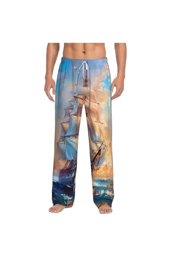 Sailing Ship Ocean Sunset Print Pajama Pants for Men,Men’s Pajama Bottoms,Mens PJ Pants with Pockets & Button Fly-3X-Large