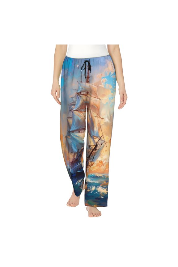 Sailing Ship Ocean Sunset Print Women Pajama Pants,Comfy Pj Bottom with Pockets & Drawstring,Stretch Casual Sleepwear-Small