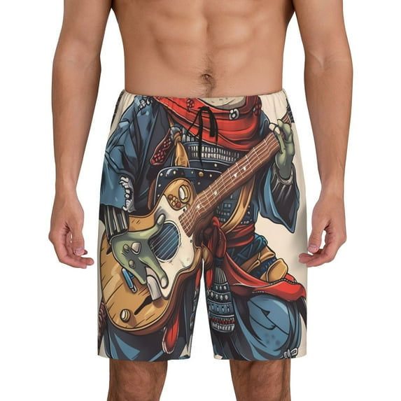 Logiee Samurai Frog Guitar Print Men's Pajama Shorts with Drawstring & Pockets,Sleep Shorts for Men,Sleepwear Bottoms,Elastic Waistband Loungewear-XX-Large
