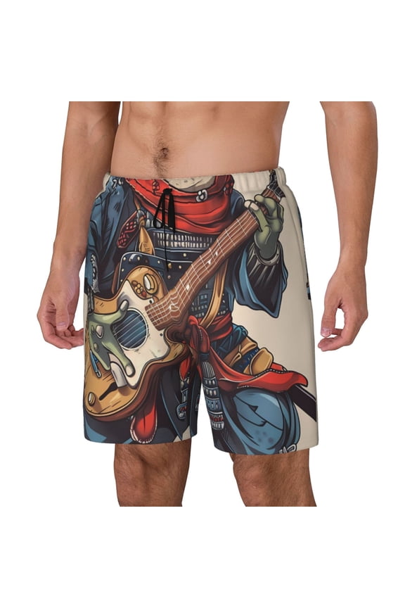 Samurai Frog Guitar Print Men's Swim Trunk,Quick Dry Board Shorts ,Men's Swim Trunks with Compression Liner, Bathing Suits with Pockets-Small