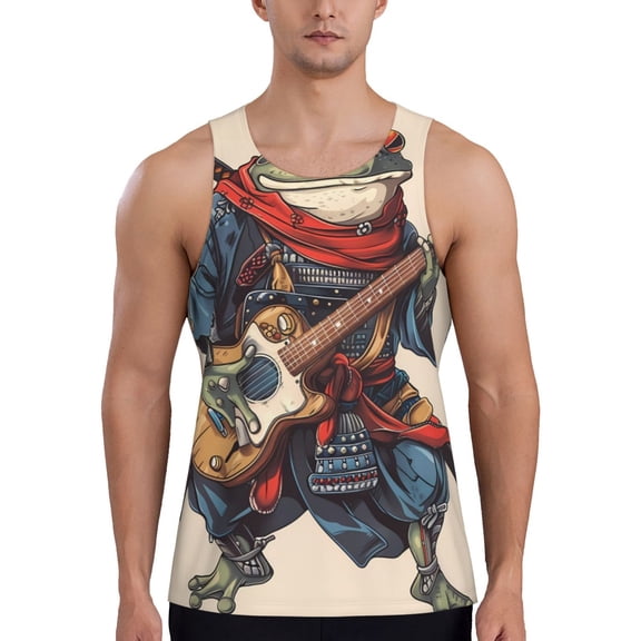 Logiee Samurai Frog Guitar Print Men's Workout Tank Top,Quick Dry Workout Tank Top,Gym Muscle Tee,Fitness Bodybuilding Sleeveless T Shirt-