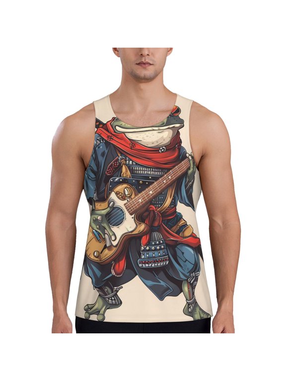Samurai Frog Guitar Print Men's Workout Tank Top,Quick Dry Workout Tank Top,Gym Muscle Tee,Fitness Bodybuilding Sleeveless T Shirt-