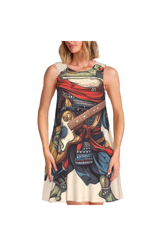 Samurai Frog Guitar Print Summer Dresses for Women,Beach Sleeveless Flowy Pocket Tshirt Tank Sundresses,Women's Sleeveless Dress
