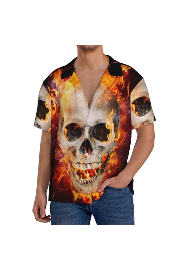 Satanic Skull Print Men's Button Down Shirts Short Sleeve, Summer Beach Shirts,Vacation Wedding Shirts,Men's Casual Button-Down Shirts with Pocket-4X-Large