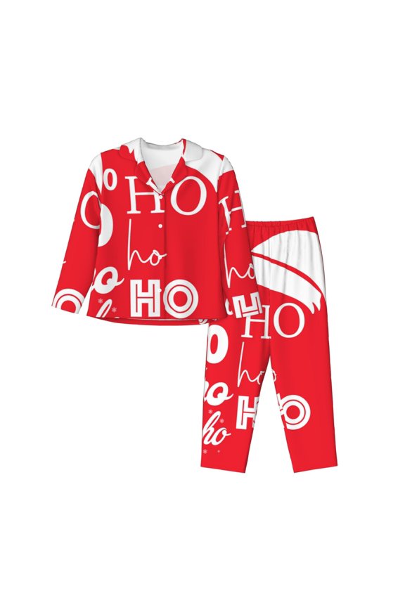 Saying Ho Ho Ho Print Womens Pajamas Set,Long Sleeve Sleepwear,Button Down Lounge Set 2 Pieces,Soft Nightwear Pjs Set-Large