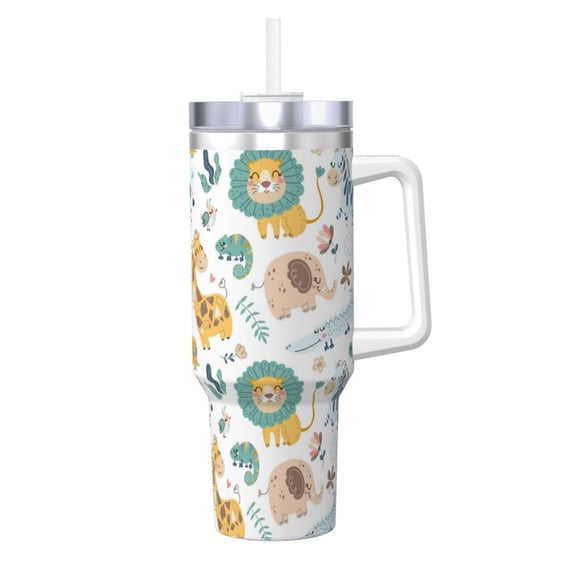 Logiee Scandinavian Africa Print 40OZ Ice Bully Cup with Handle and Straw, Double Wall Stainless Steel Tumbler,Travel Coffee Cup with Lid, Summer Insulation and Cooling Cup