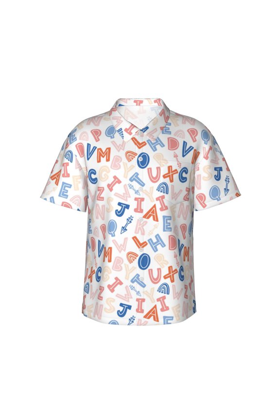 Scandinavian Alphabet Print Mens Hawaiian Shirts,Loose-Fit Short Sleeve Button Down Tropical Aloha Beach Shirt,Summer Vacation Wedding Tops,Small