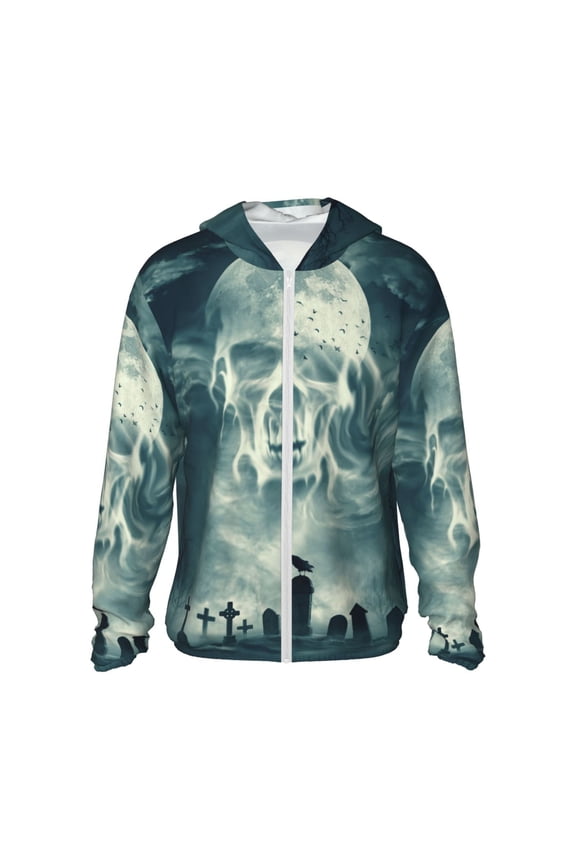 Scary Moon And Clouds Print Men's Women Light Jacket Full Zip Sun Protection Hoodie Long Sleeve Sun Shirts for Men Hiking Fishing Zip Pockets-Medium