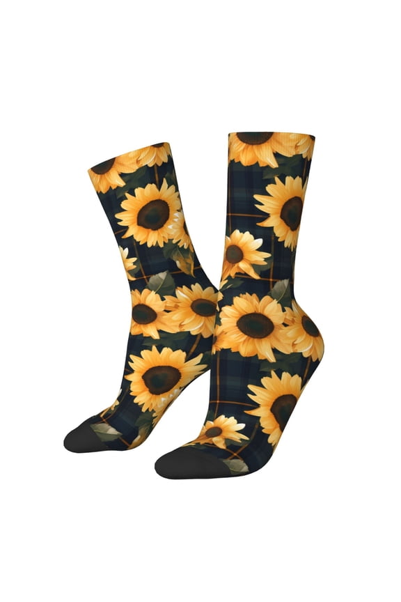 Scottish Blue Plaid Sunflower Print Adult Socks for Men & Women,Calf Socks, Ankle Socks,Boots Socks,Breathable Casual Sock,Unisex Crew Socks