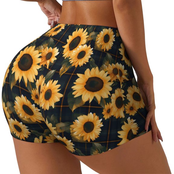 Logiee Scottish Blue Plaid Sunflower Print Women's Biker Shorts,Workout Gym Shorts,Scrunch Shorts,Tummy Control Hidden Scrunch Running Yoga Shorts-XX-Large