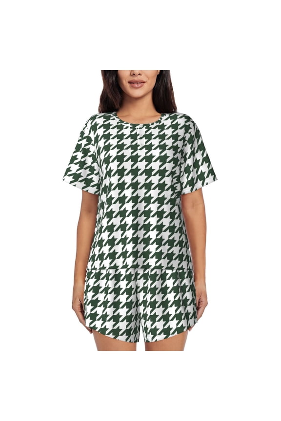 Scottish Checkered Print Womens Pajamas Set,Short-Sleeve Pajama 2 Piece Sleepwear with Pockets-Large