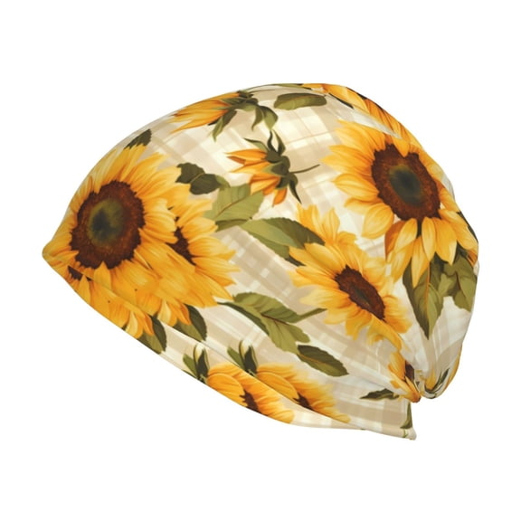 Logiee Scottish Plaid Sunflower Print Unisex Knit Beanie for Men Women Winter Hat,Beanies Skull Caps