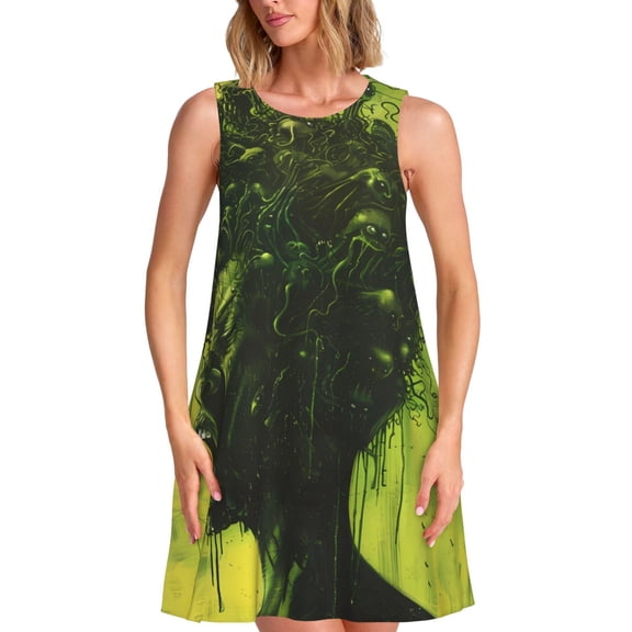 Logiee Screaming Horror Art Print Summer Dresses for Women,Beach Sleeveless Flowy Pocket Tshirt Tank Sundresses,Women's Sleeveless Dress