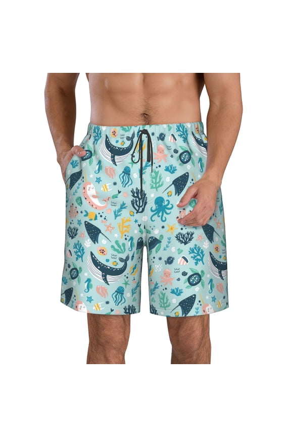 Sea Animal Print Mens Swim Trunks Quick Dry Board Shorts,Breathable Hawaii Beach Shorts Swimwear Bathing Suits-Large