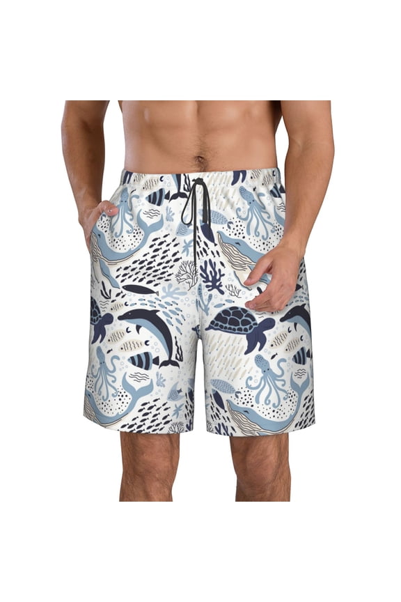 Sea Animal Print Mens Swim Trunks Quick Dry Board Shorts,Breathable Hawaii Beach Shorts Swimwear Bathing Suits-Medium