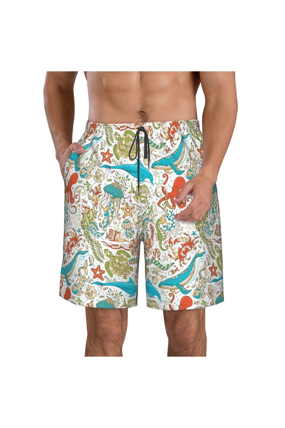 Sea Animal Print Mens Swim Trunks Quick Dry Board Shorts,Breathable Hawaii Beach Shorts Swimwear Bathing Suits-Medium