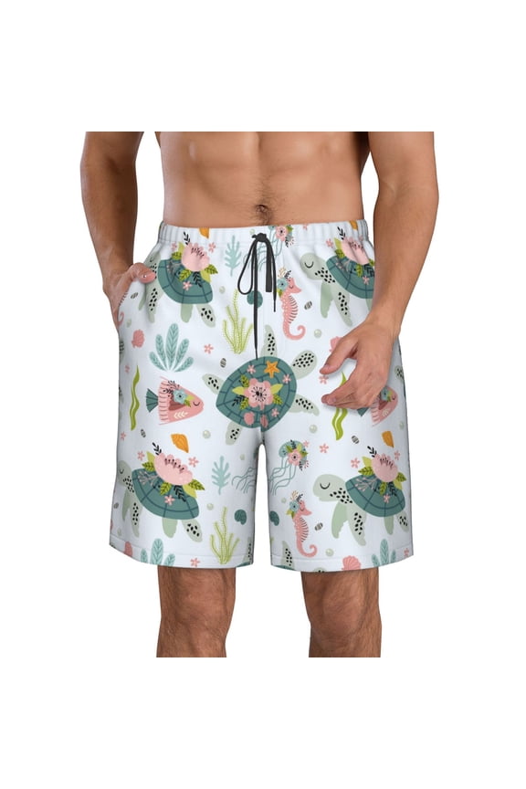 Sea Animal Print Mens Swim Trunks Quick Dry Board Shorts,Breathable Hawaii Beach Shorts Swimwear Bathing Suits-X-Large