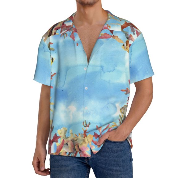 Logiee Sea and Fish Print Men's Button Down Shirts Short Sleeve, Summer Beach Shirts,Vacation Wedding Shirts,Men's Casual Button-Down Shirts with Pocket-Large