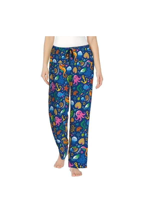 Sea Fish Print Women Pajama Pants,Comfy Pj Bottom with Pockets & Drawstring,Stretch Casual Sleepwear-XX-Large
