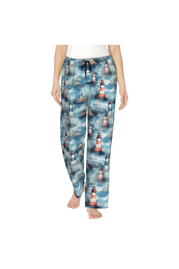 Sea Marine And Lighthouse Print Women Pajama Pants,Comfy Pj Bottom with Pockets & Drawstring,Stretch Casual Sleepwear-Medium