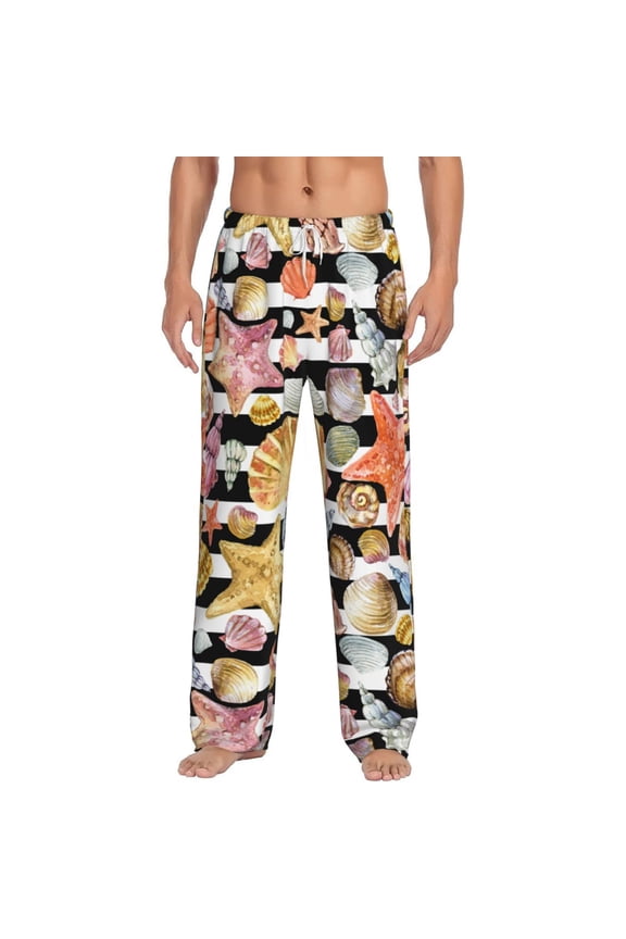 Sea Shell Print Pajama Pants for Men,Men’s Pajama Bottoms,Mens PJ Pants with Pockets & Button Fly-Large