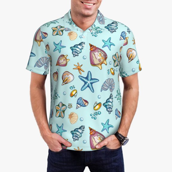 Logiee Sea Shells 2 Print Mens Polo Shirts,Mens Golf Polo Shirts,Short Sleeve Casual Polo Shirts for Men,Summer Fashion Beach Shirts-Small