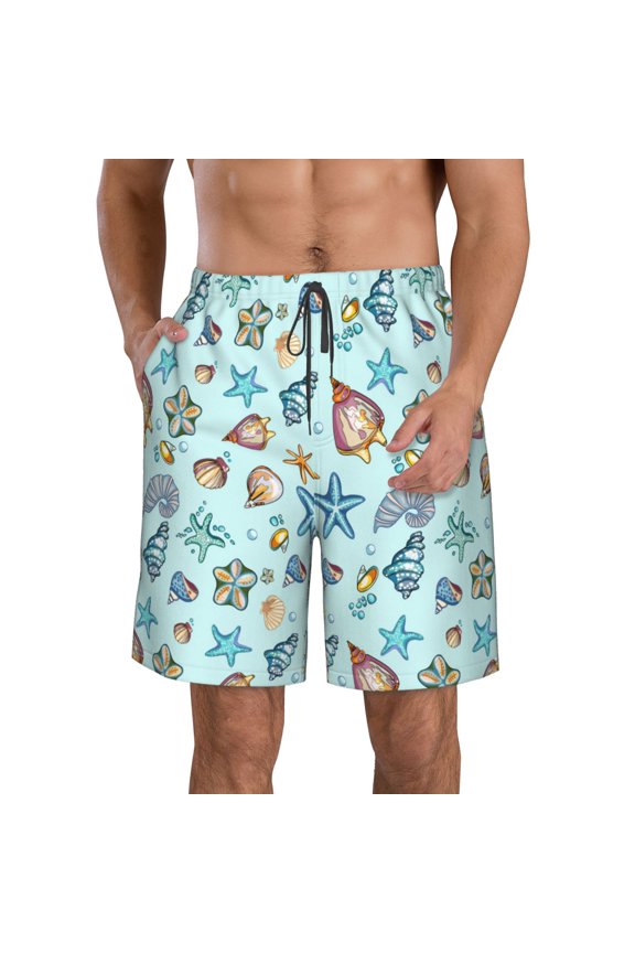Sea Shells 2 Print Mens Swim Trunks Quick Dry Board Shorts,Breathable Hawaii Beach Shorts Swimwear Bathing Suits-Large
