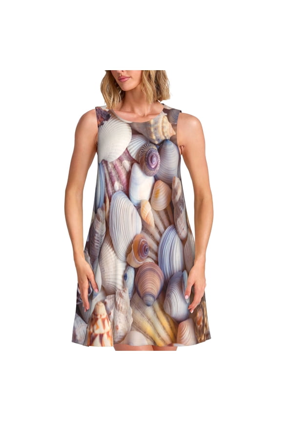 Sea Shells Print Summer Dresses for Women,Beach Sleeveless Flowy Pocket Tshirt Tank Sundresses,Women's Sleeveless Dress