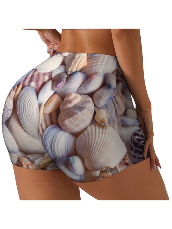 Sea Shells Print Women's Biker Shorts,Workout Gym Shorts,Scrunch Shorts,Tummy Control Hidden Scrunch Running Yoga Shorts-Medium