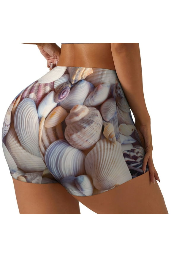Sea Shells Print Women's Biker Shorts,Workout Gym Shorts,Scrunch Shorts,Tummy Control Hidden Scrunch Running Yoga Shorts-Small
