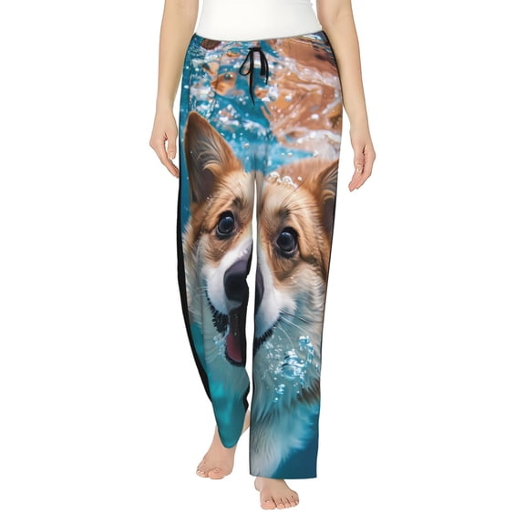 Logiee Sea Swimming Corgi Print Women Pajama Pants,Comfy Pj Bottom with Pockets & Drawstring,Stretch Casual Sleepwear-Large