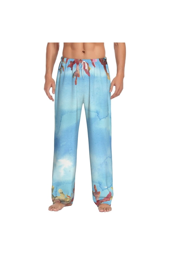 Sea and Fish Print Pajama Pants for Men,Men’s Pajama Bottoms,Mens PJ Pants with Pockets & Button Fly-Large
