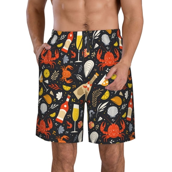Logiee Seafood And Drinks Print Mens Swim Trunks Quick Dry Board Shorts,Breathable Hawaii Beach Shorts Swimwear Bathing Suits-Large