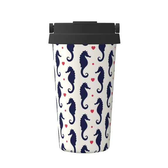 Logiee Seahorses and Hearts Print Stainless Steel Coffee Tumbler, Travel Coffee Mug, Insulated Coffee Mug with Lid, Spill Proof Coffee Cup, Portable Thermal Mug
