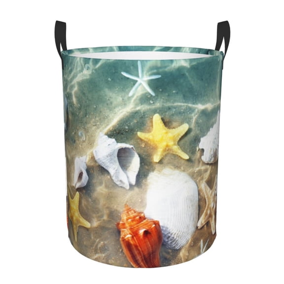 Logiee Seashell On The Beach Print Laundry Hamper,Dirty Clothes Hamper Storage Basket for Bathroom Bedrooms College Dorm, Circular Hamper with Handles,Collapsible Laundry Baskets-Small