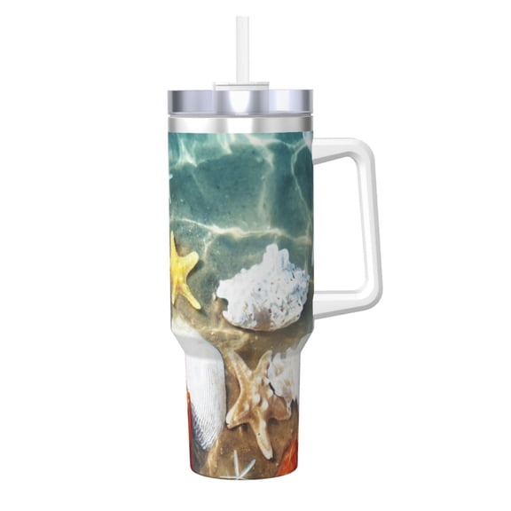 Logiee Seashell On The Beach Print 40OZ Ice Bully Cup with Handle and Straw, Double Wall Stainless Steel Tumbler,Travel Coffee Cup with Lid, Summer Insulation and Cooling Cup