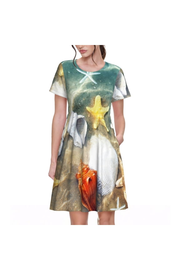 Seashell On The Beach Print Womens Summer Dress,Casual Short Sleeve Sundresses,Beach A-line Shift Dress with Pockets