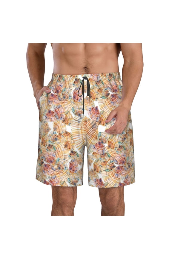 Seashells Print Mens Swim Trunks Quick Dry Board Shorts,Breathable Hawaii Beach Shorts Swimwear Bathing Suits-Large