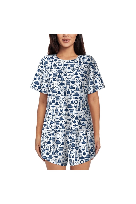 Seaside Primary Color Print Womens Pajamas Set,Short-Sleeve Pajama 2 Piece Sleepwear with Pockets-Medium