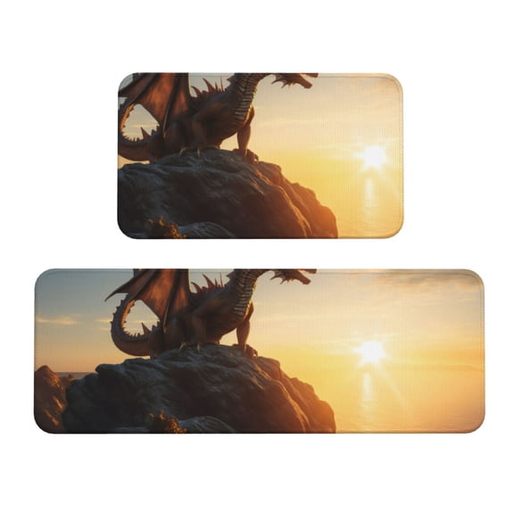 Logiee Seaside Sunset Cool Dragon Print Kitchen Mats for Floor Sets of 2,Waterproof Kitchen Rugs,Non Slip Comfort Standing Mat Rug for Home,Runner,Sink,Office,Laundry