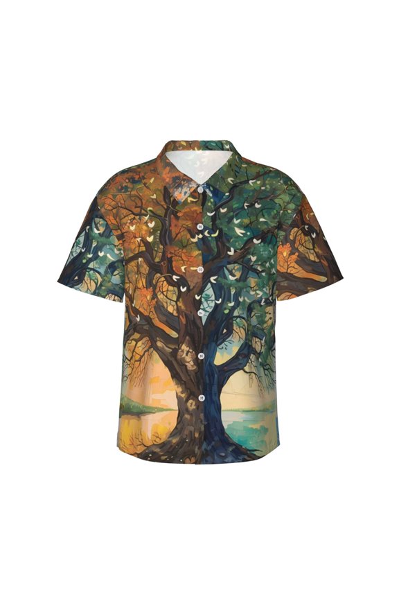 Seasonal Tree Reflection Print Mens Hawaiian Shirts,Loose-Fit Short Sleeve Button Down Tropical Aloha Beach Shirt,Summer Vacation Wedding Tops,Large