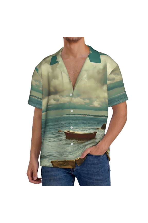 Serene Coastal Blue Sky Print Men's Button Down Shirts Short Sleeve, Summer Beach Shirts,Vacation Wedding Shirts,Men's Casual Button-Down Shirts with Pocket-Medium