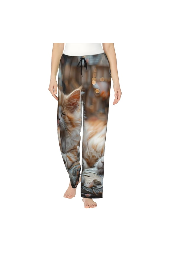 Serene Kitten Kingdom Print Women Pajama Pants,Comfy Pj Bottom with Pockets & Drawstring,Stretch Casual Sleepwear-XX-Large