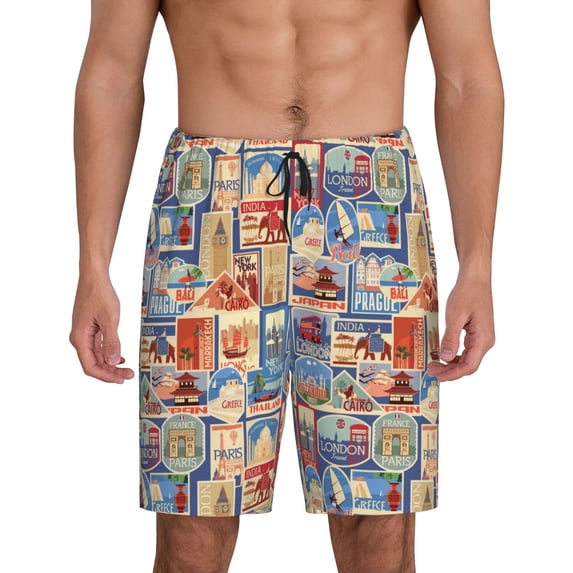 Logiee Set Of Travel Vintage Print Men's Pajama Shorts with Drawstring & Pockets,Sleep Shorts for Men,Sleepwear Bottoms,Elastic Waistband Loungewear-XX-Large